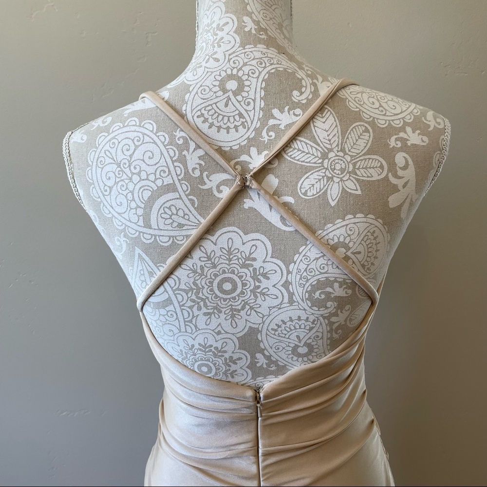 La Femme Cross Back Satin Jersey Trumpet Strappy Back Maxi Dress 4 Nude Beige - Picture 8 of 12